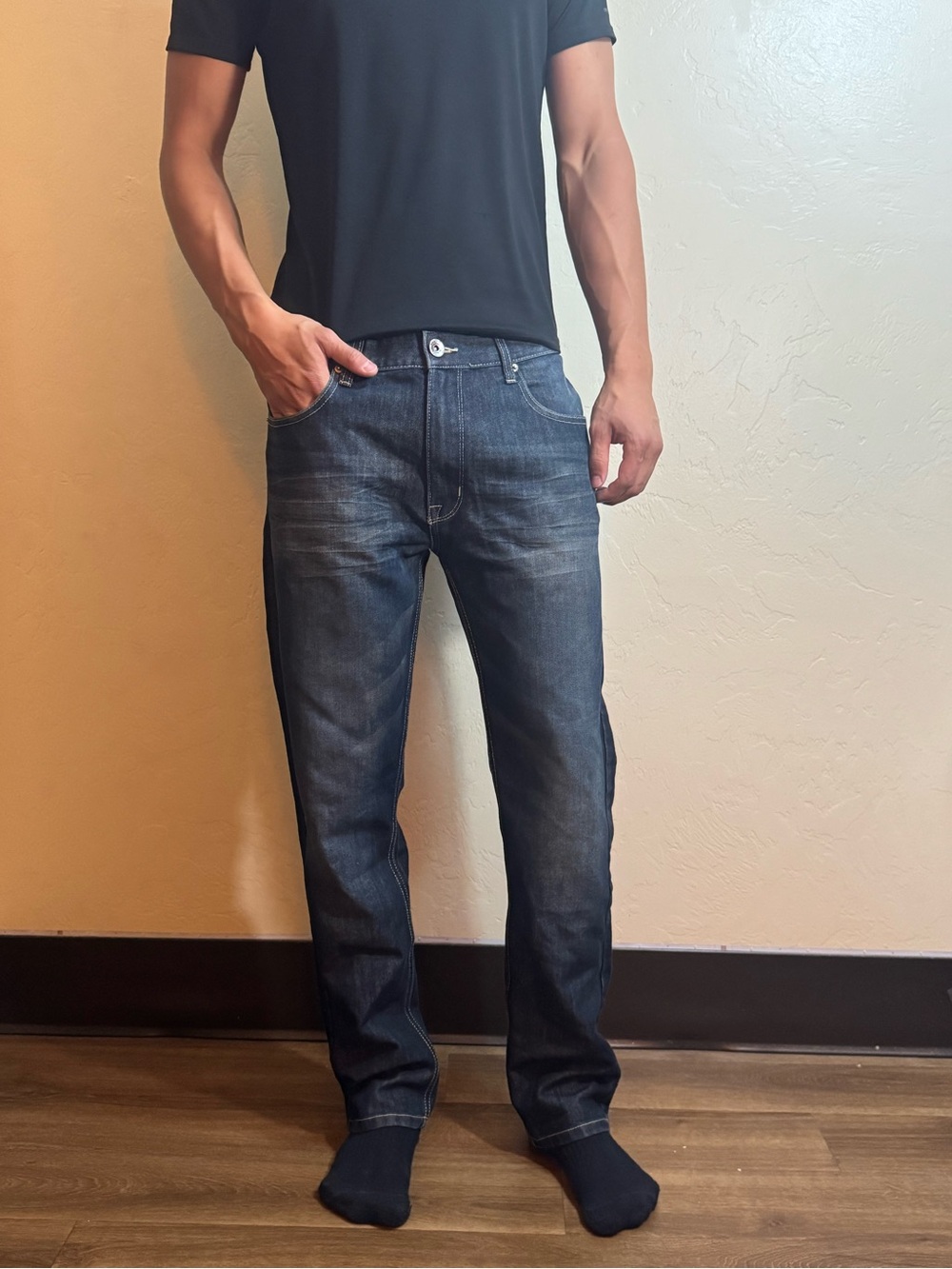 Dark Blue Acid Wash Straight Fit Vintage Jeans